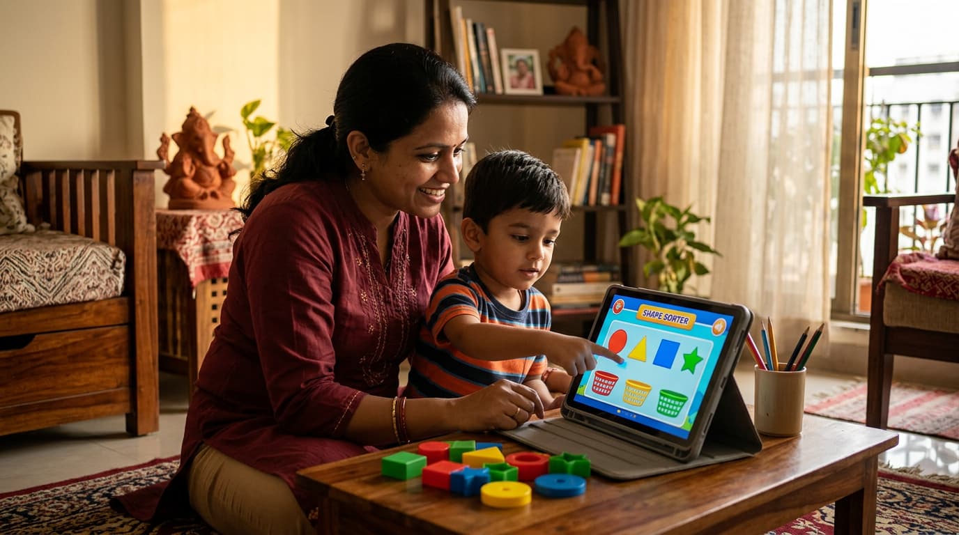 Indian mother doing home activity with child